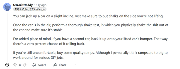 Jacking up the car on the incline surface